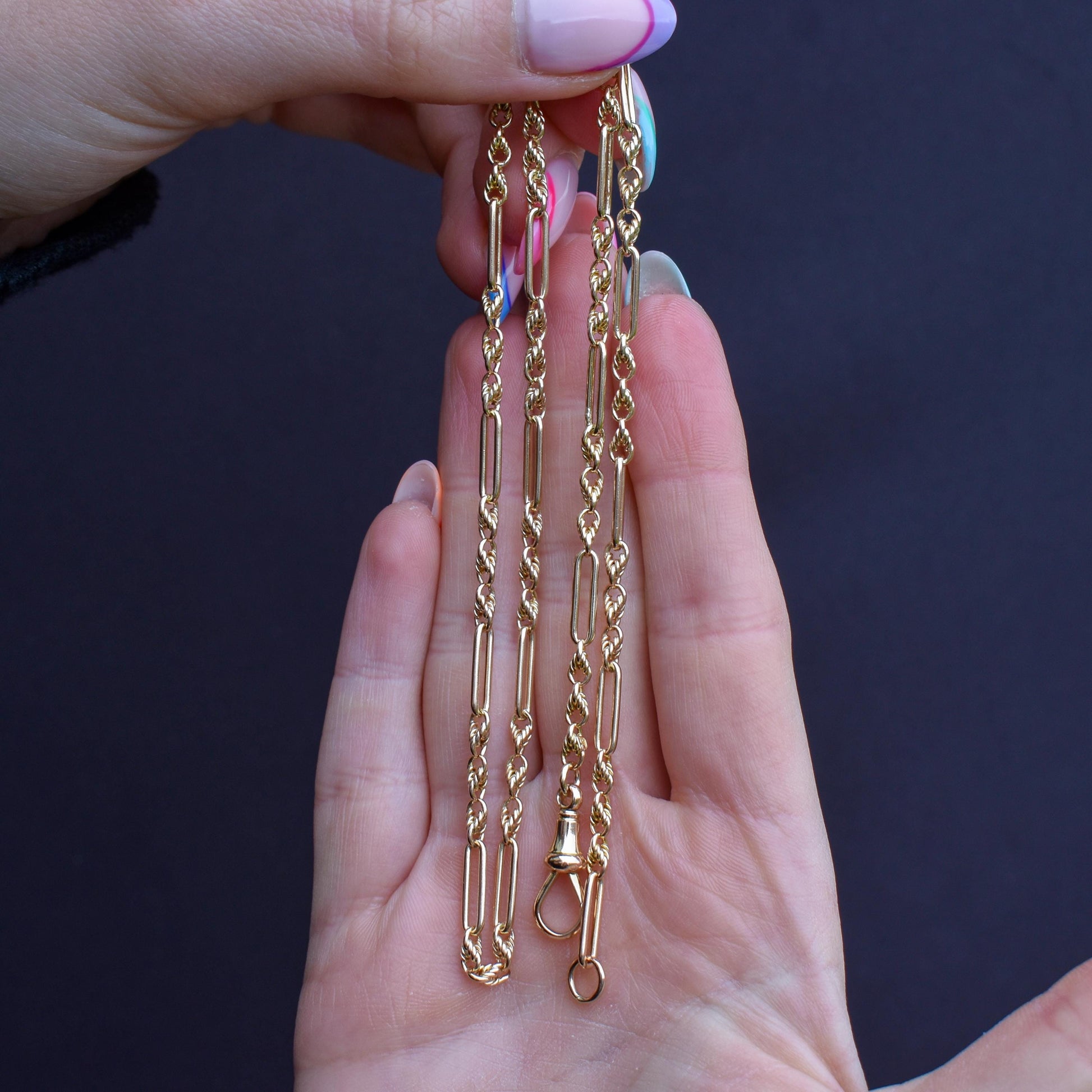 Antique 15ct Yellow Gold Trombone and Love Knot Chain Necklace with Dog Clip | 20.75"