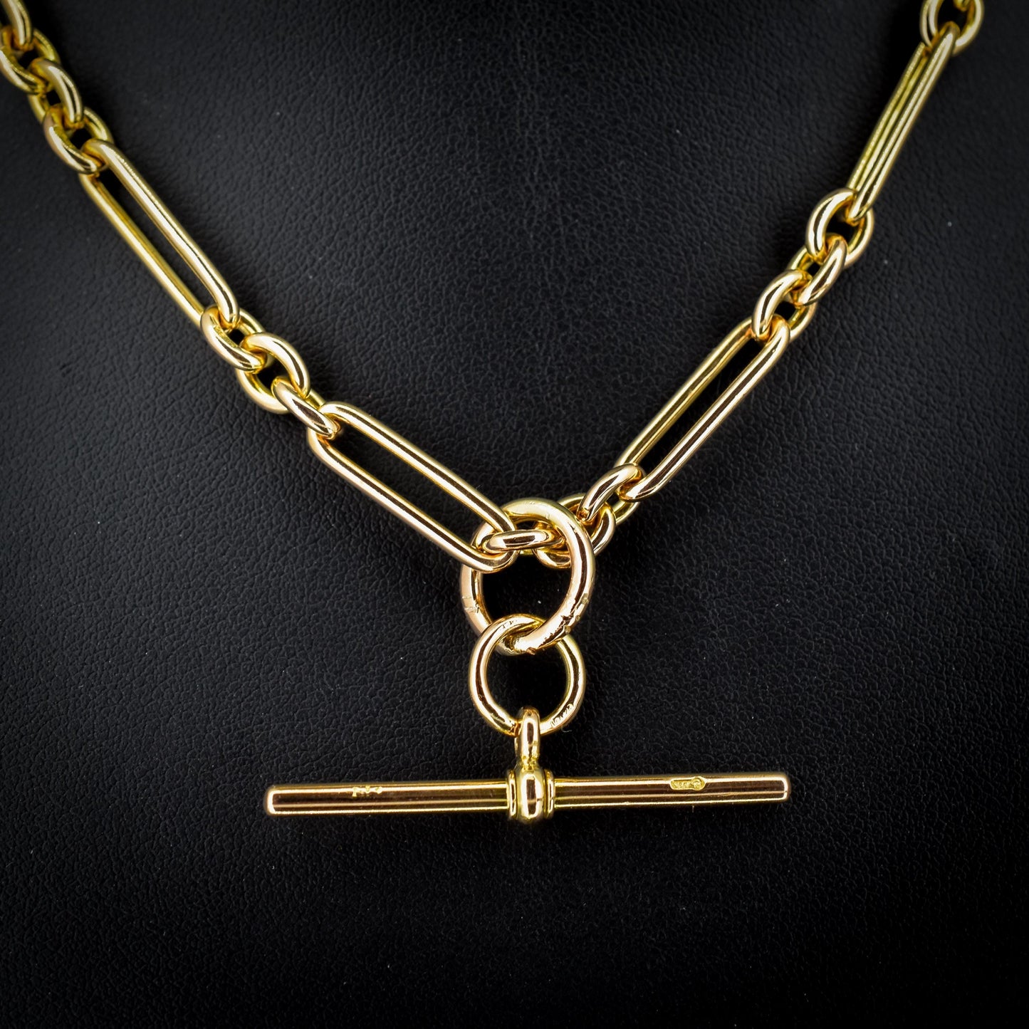 Art Deco 15ct Yellow Gold Trombone Link Albert Chain Necklace | 15.75"