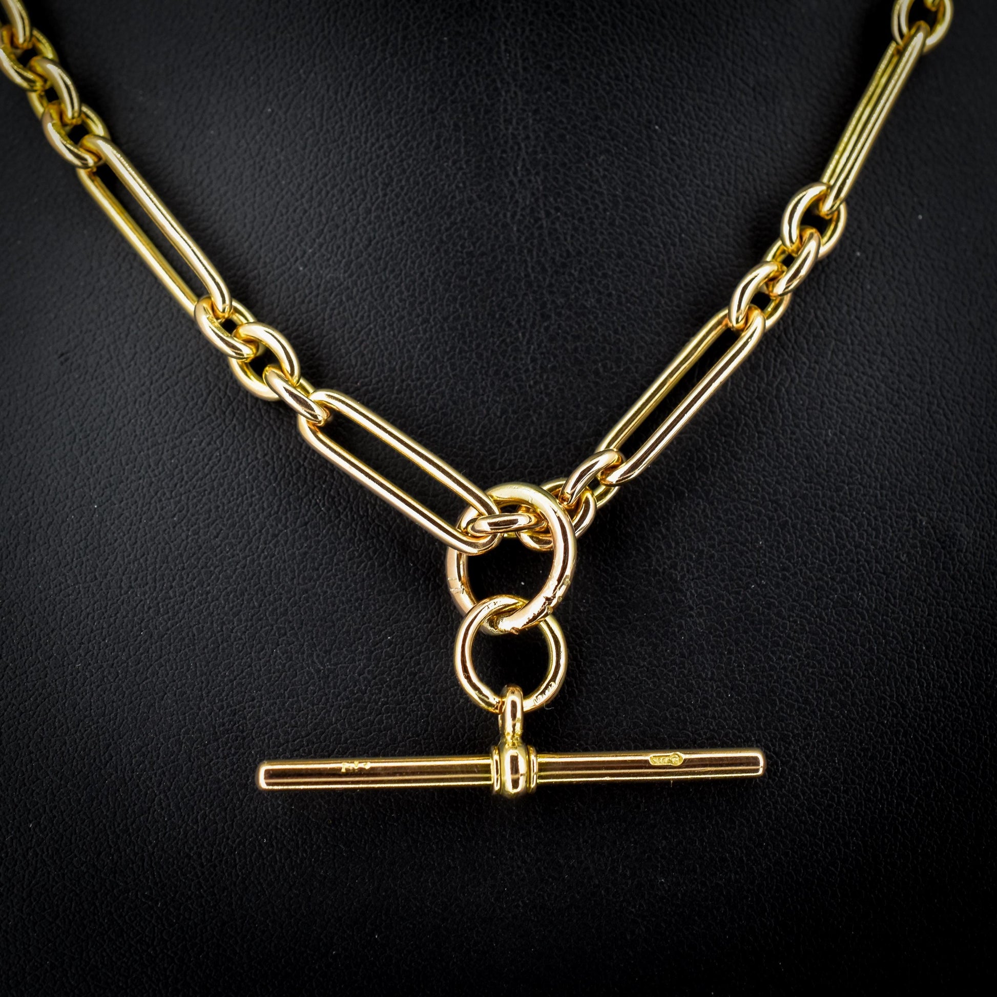 Art Deco 15ct Yellow Gold Trombone Link Albert Chain Necklace | 15.75"