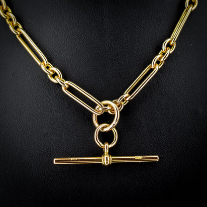 Art Deco 15ct Yellow Gold Trombone Link Albert Chain Necklace | 15.75"
