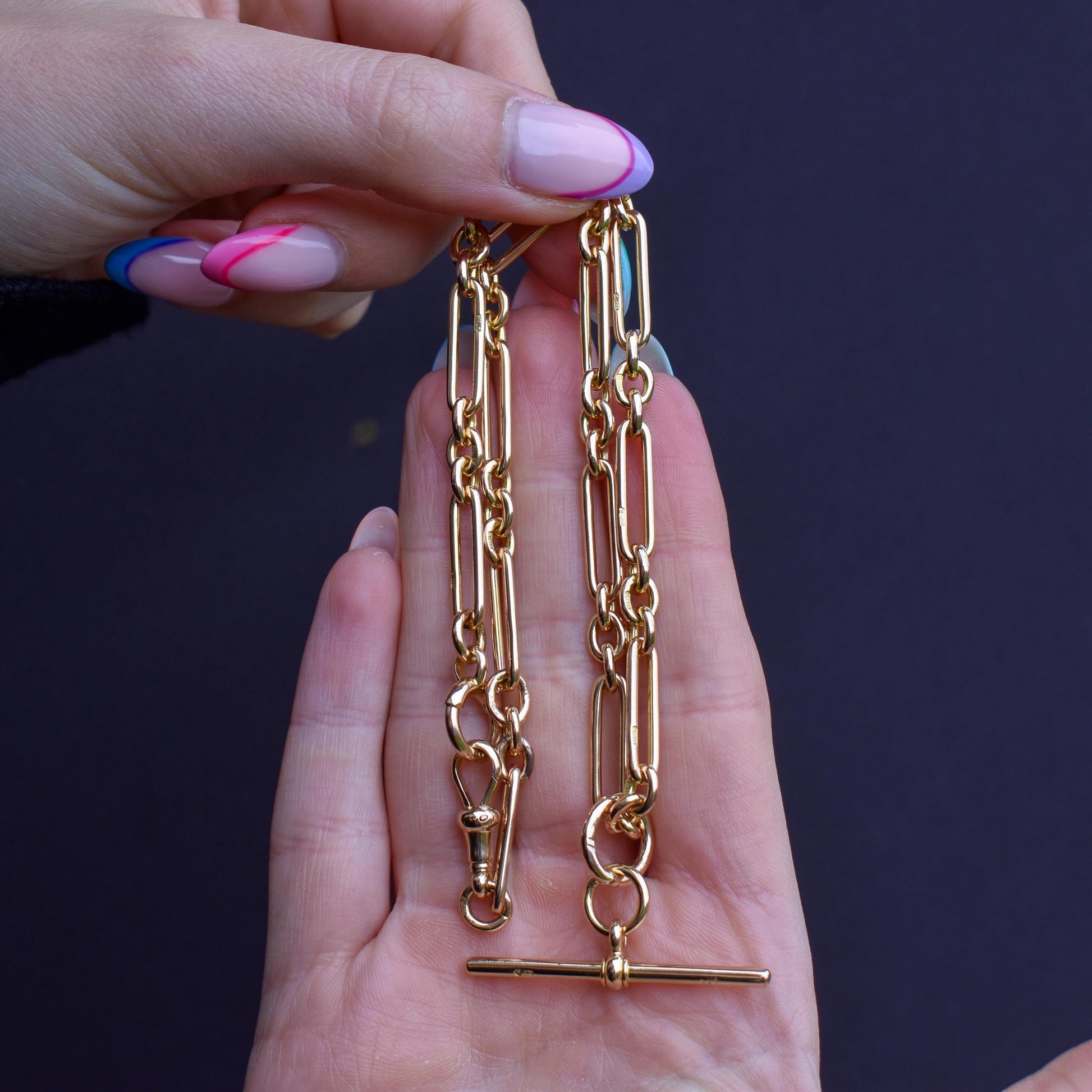 Art Deco 15ct Yellow Gold Trombone Link Albert Chain Necklace | 15.75"