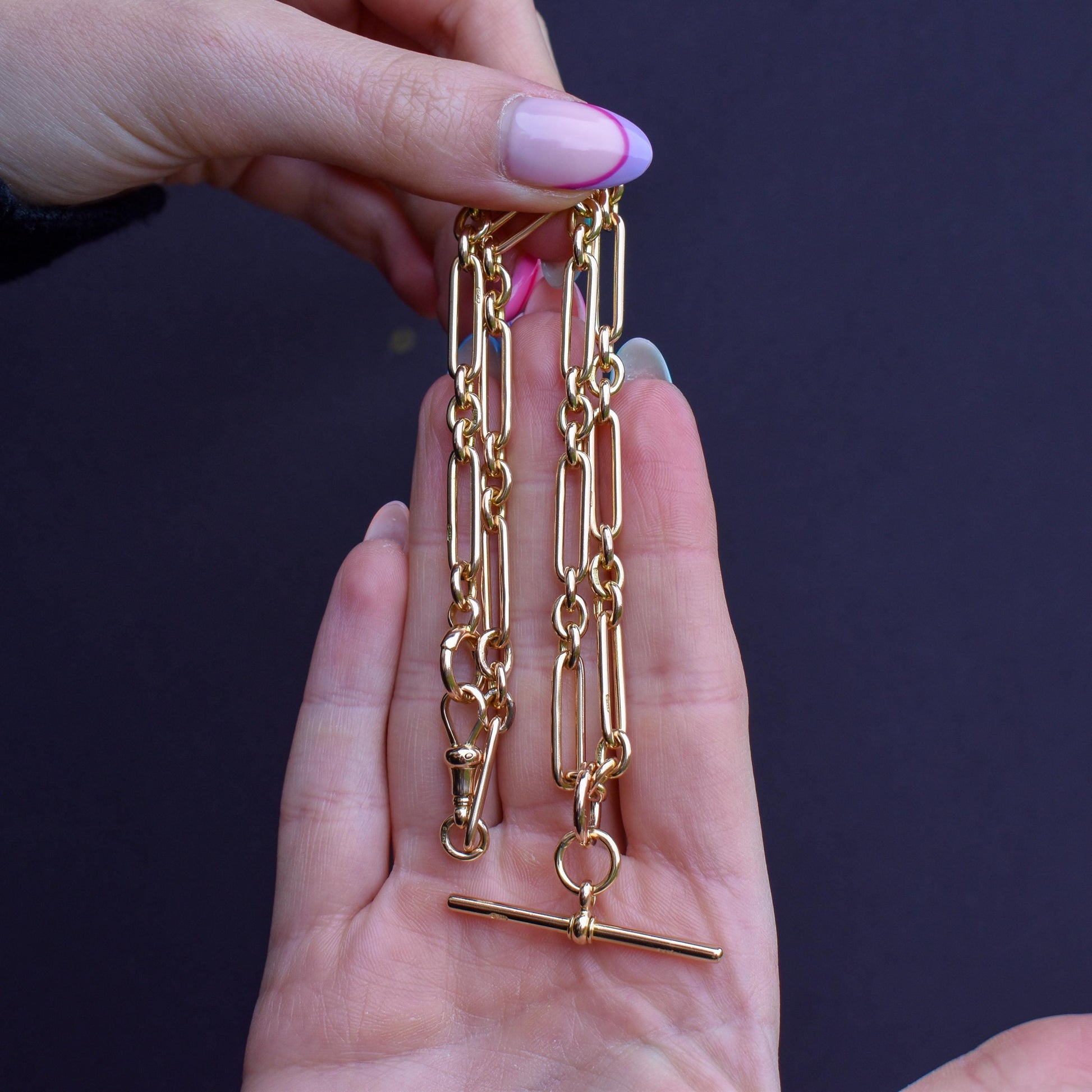 Art Deco 15ct Yellow Gold Trombone Link Albert Chain Necklace | 15.75"