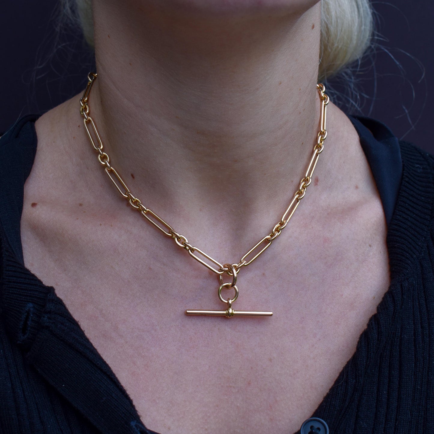 Art Deco 15ct Yellow Gold Trombone Link Albert Chain Necklace | 15.75"
