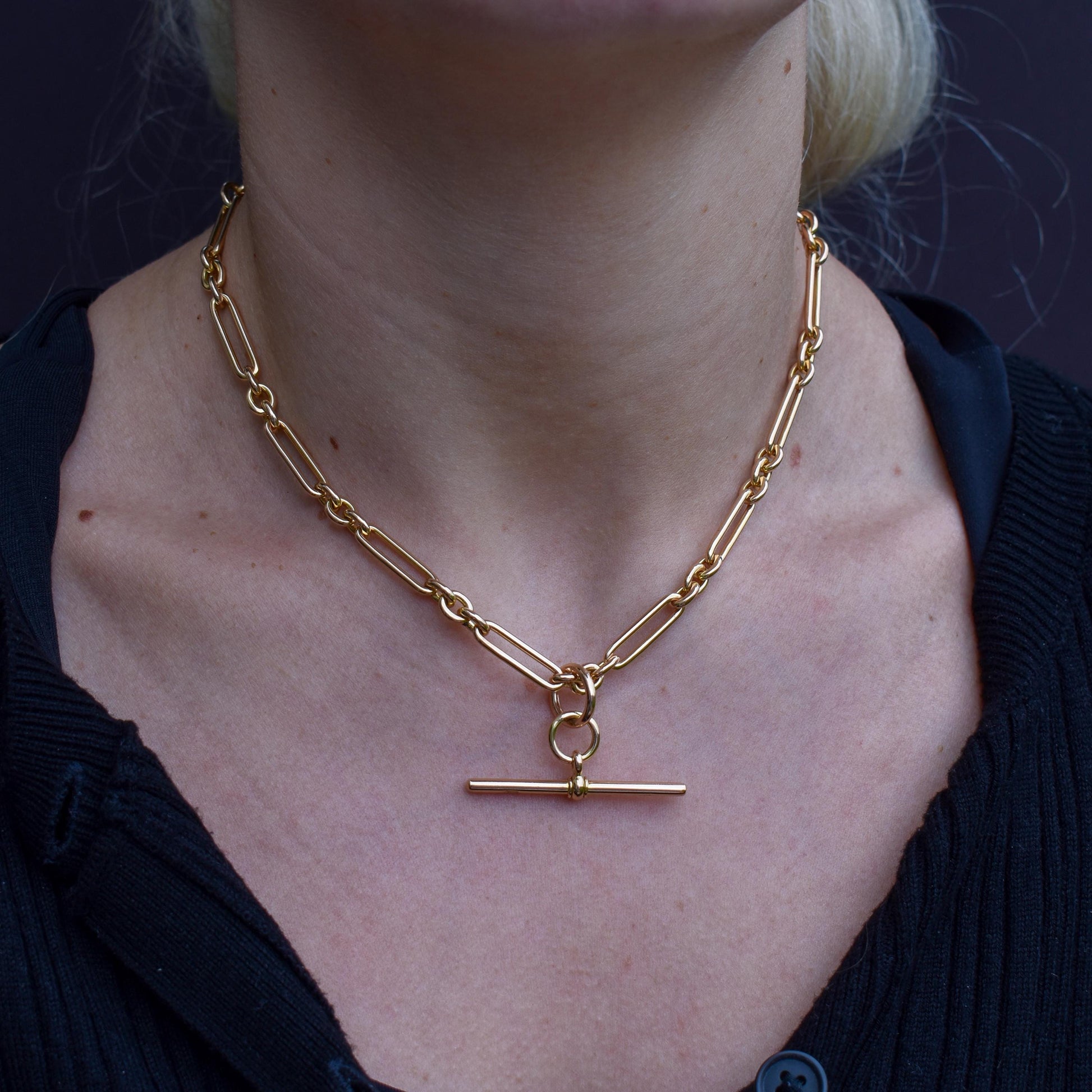 Art Deco 15ct Yellow Gold Trombone Link Albert Chain Necklace | 15.75"