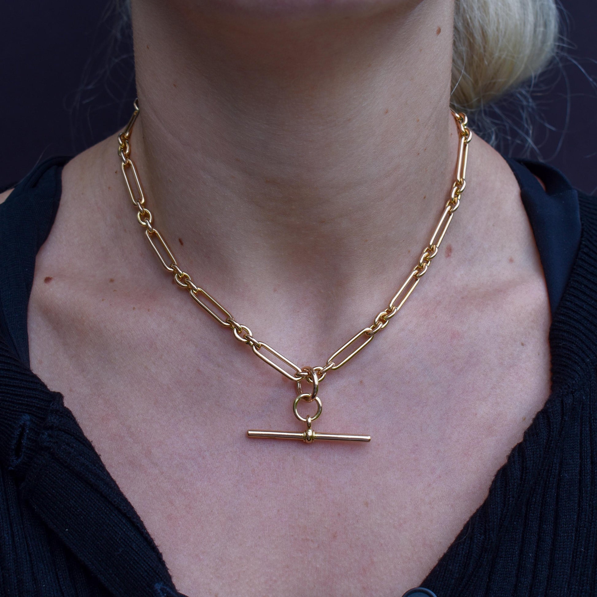 Art Deco 15ct Yellow Gold Trombone Link Albert Chain Necklace | 15.75"