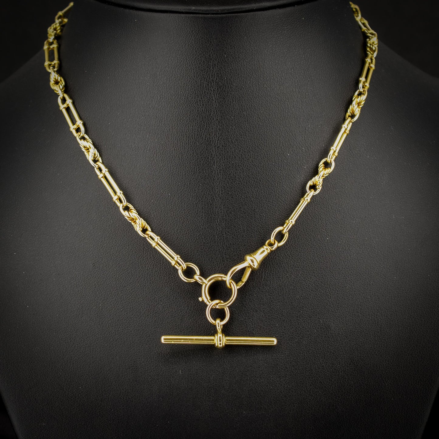 Antique Chester '1919' 18ct Yellow Gold Trombone and Love Knot Chain Necklace | 15"