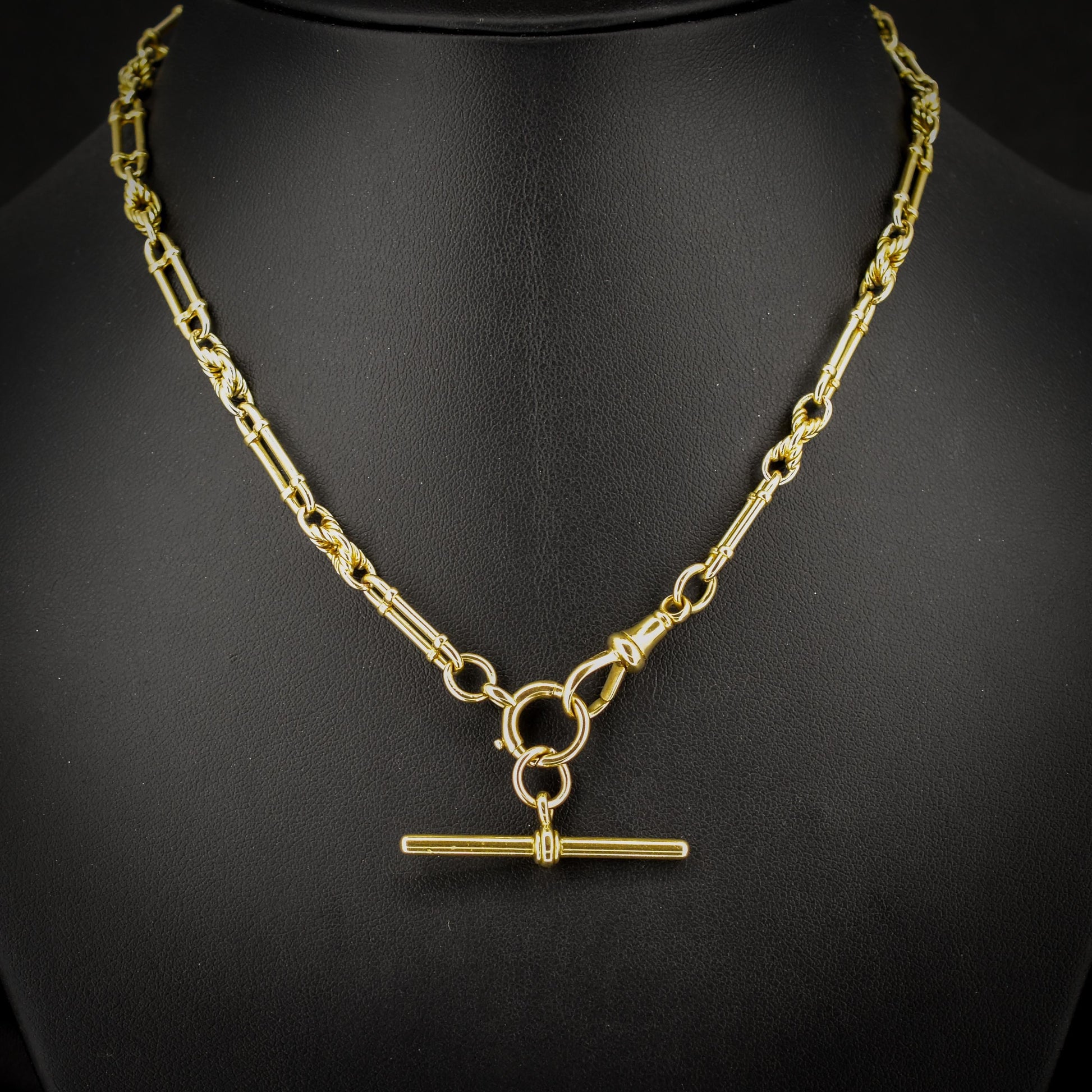 Antique Chester '1919' 18ct Yellow Gold Trombone and Love Knot Chain Necklace | 15"