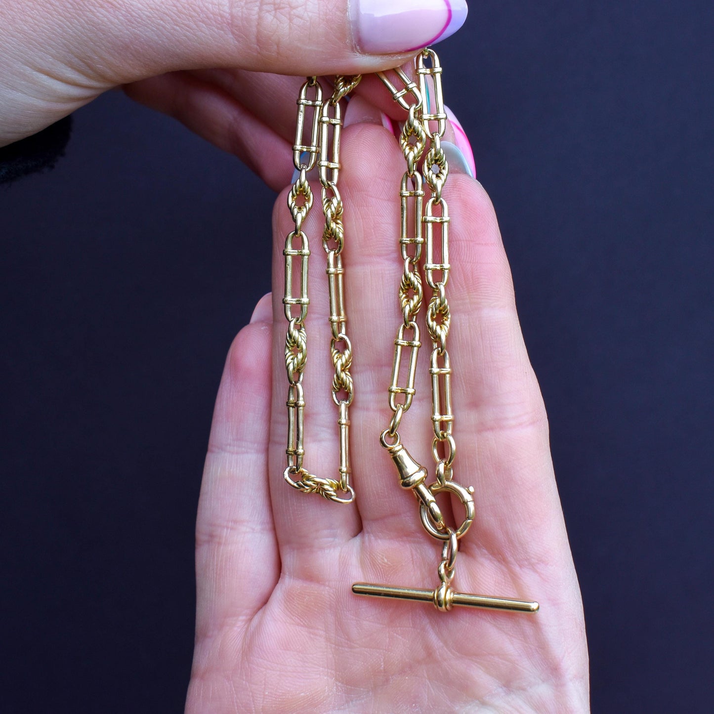 Antique Chester '1919' 18ct Yellow Gold Trombone and Love Knot Chain Necklace | 15"