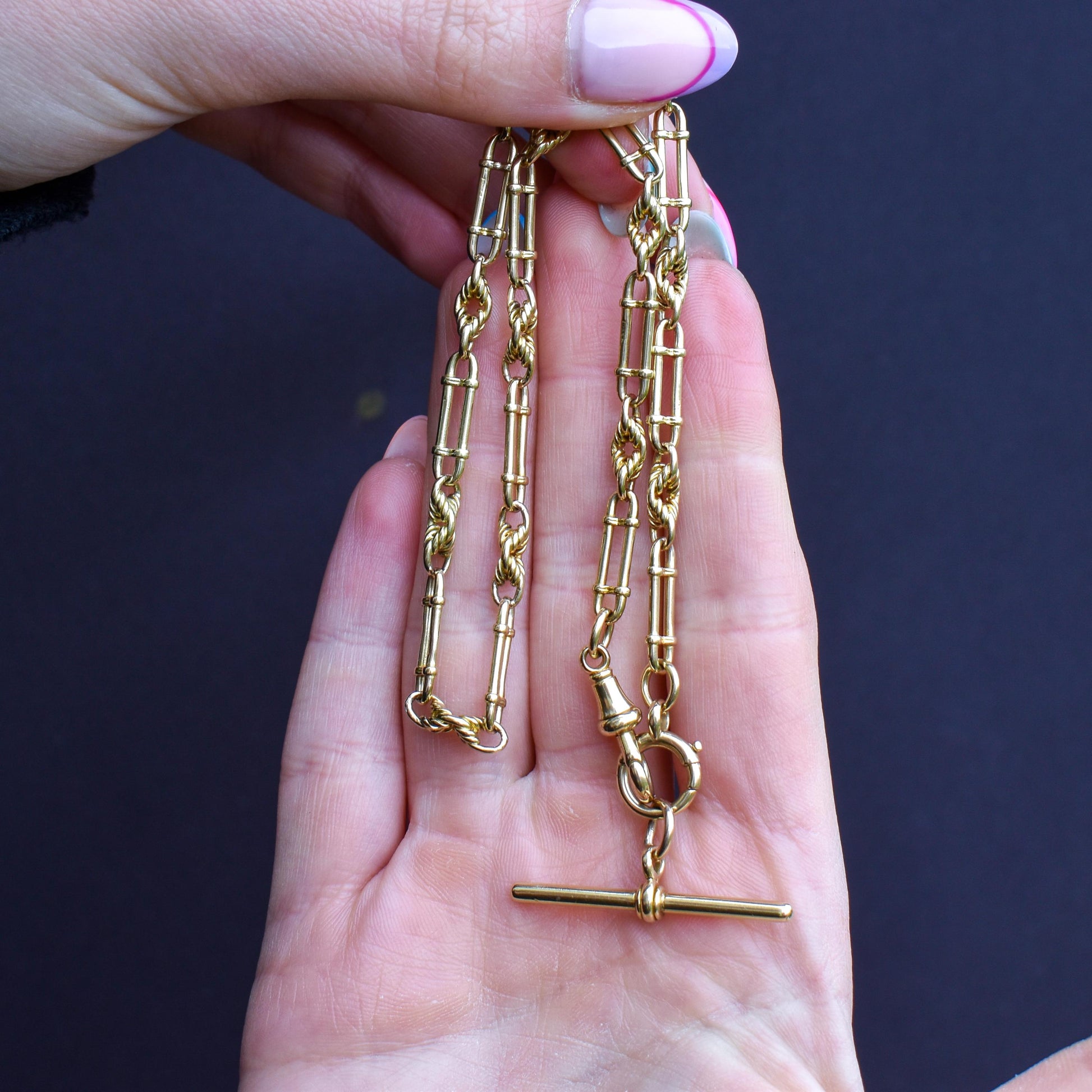 Antique Chester '1919' 18ct Yellow Gold Trombone and Love Knot Chain Necklace | 15"