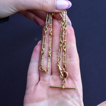 Antique Chester '1919' 18ct Yellow Gold Trombone and Love Knot Chain Necklace | 15"