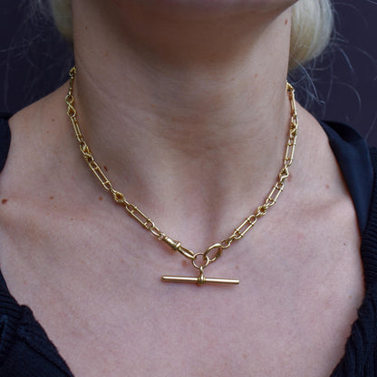 Antique Chester '1919' 18ct Yellow Gold Trombone and Love Knot Chain Necklace | 15"