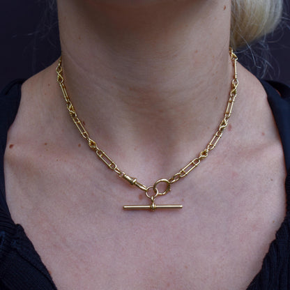 Antique Chester '1919' 18ct Yellow Gold Trombone and Love Knot Chain Necklace | 15"