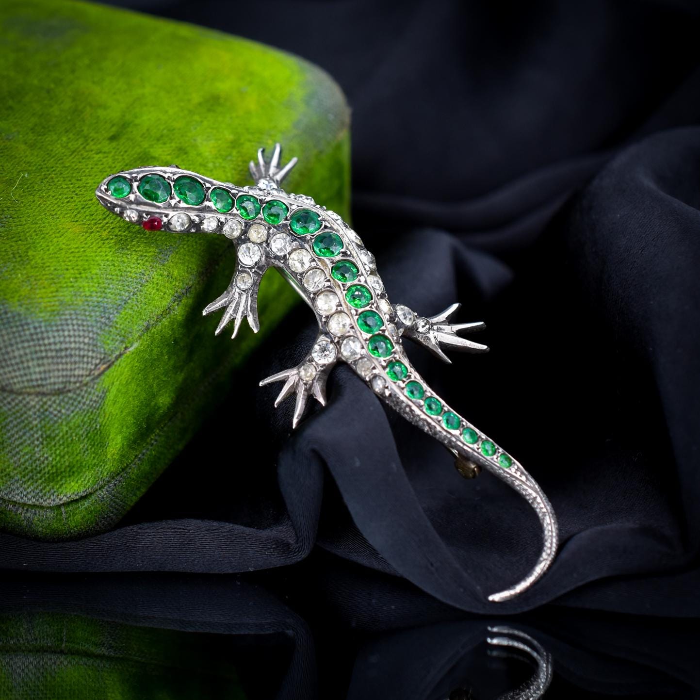 Antique Green Paste Silver Lizard Brooch | Victorian