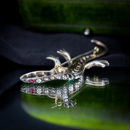 Antique Green Paste Silver Lizard Brooch | Victorian