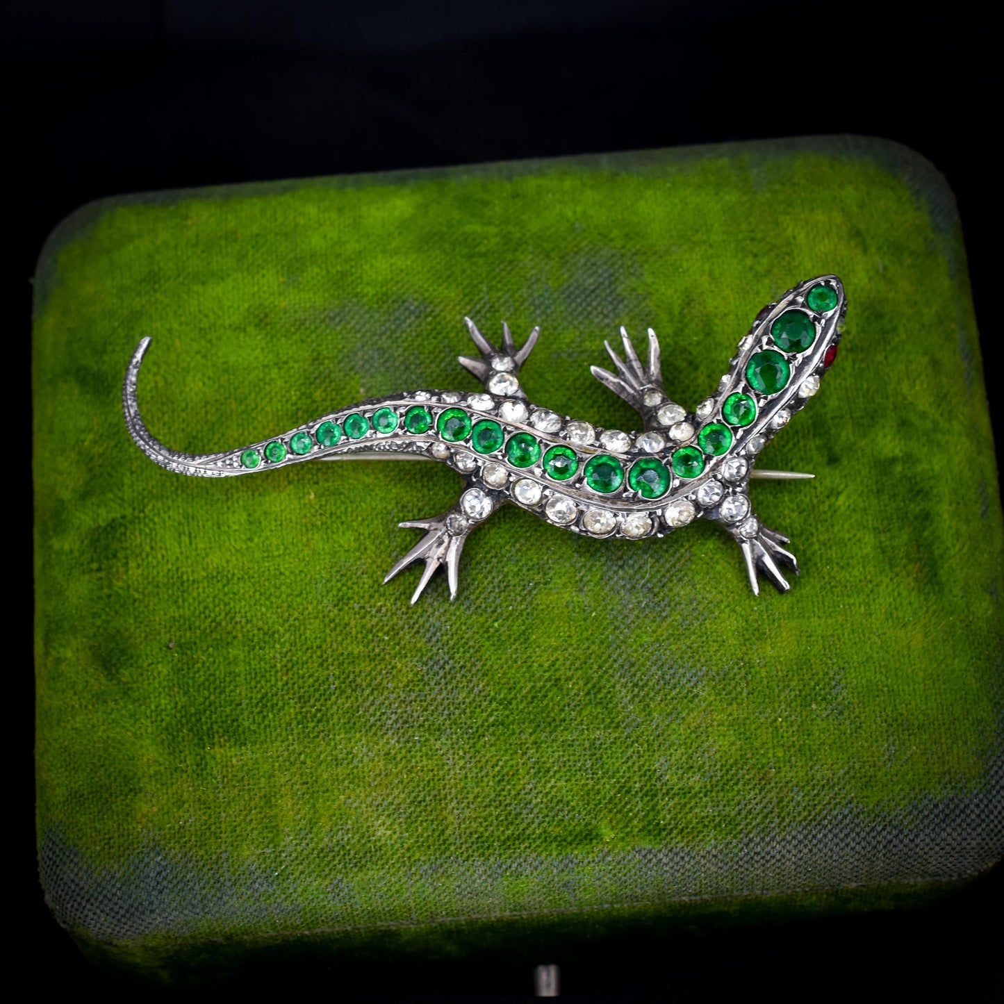 Antique Green Paste Silver Lizard Brooch | Victorian