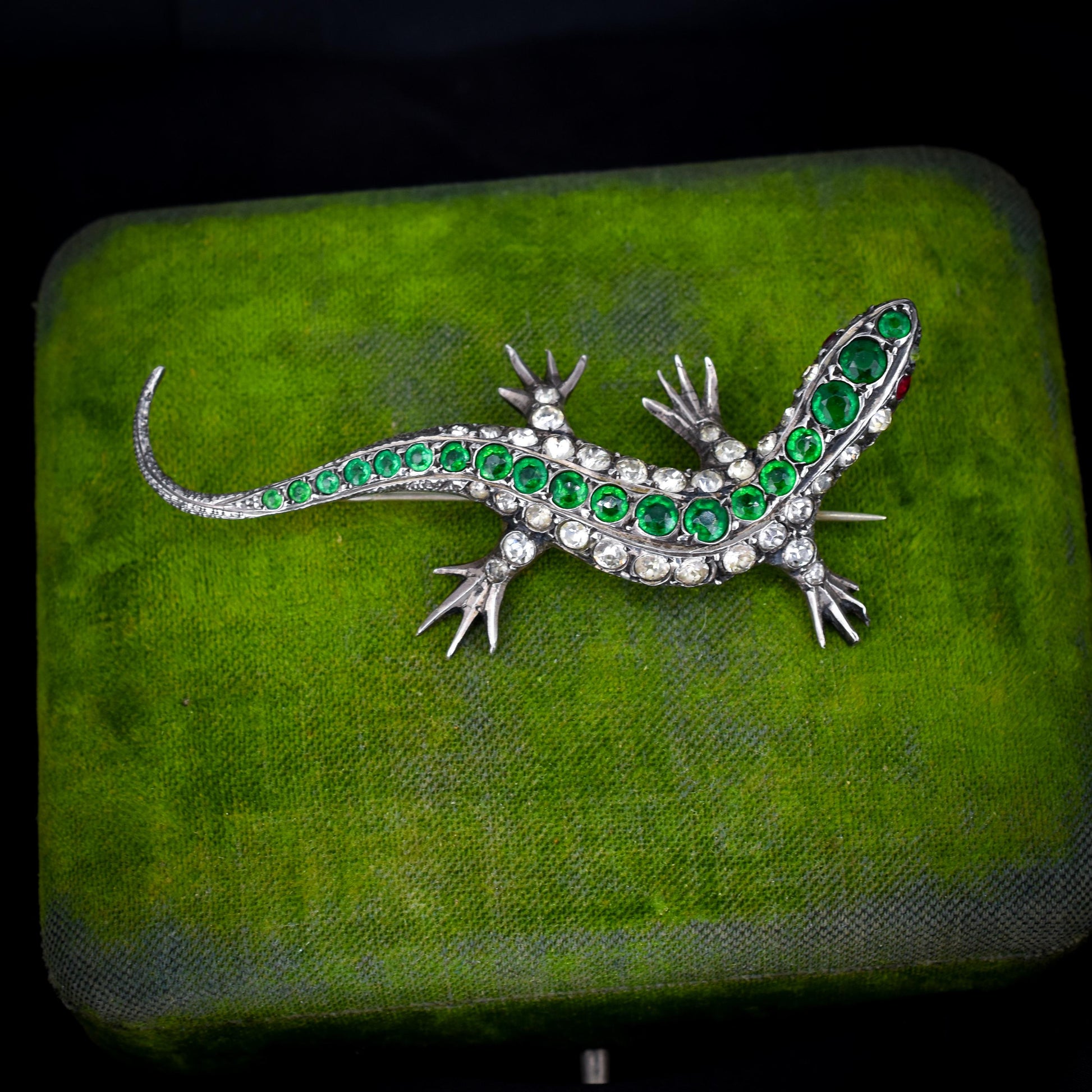 Antique Green Paste Silver Lizard Brooch | Victorian