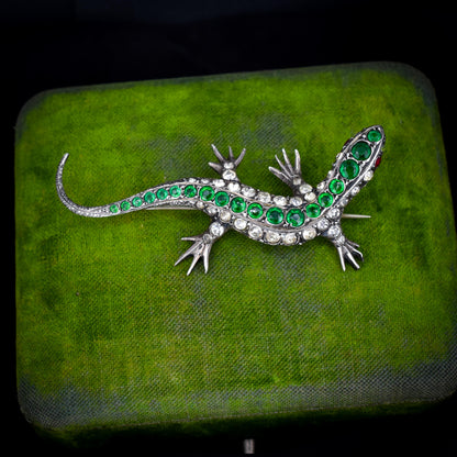 Antique Green Paste Silver Lizard Brooch | Victorian
