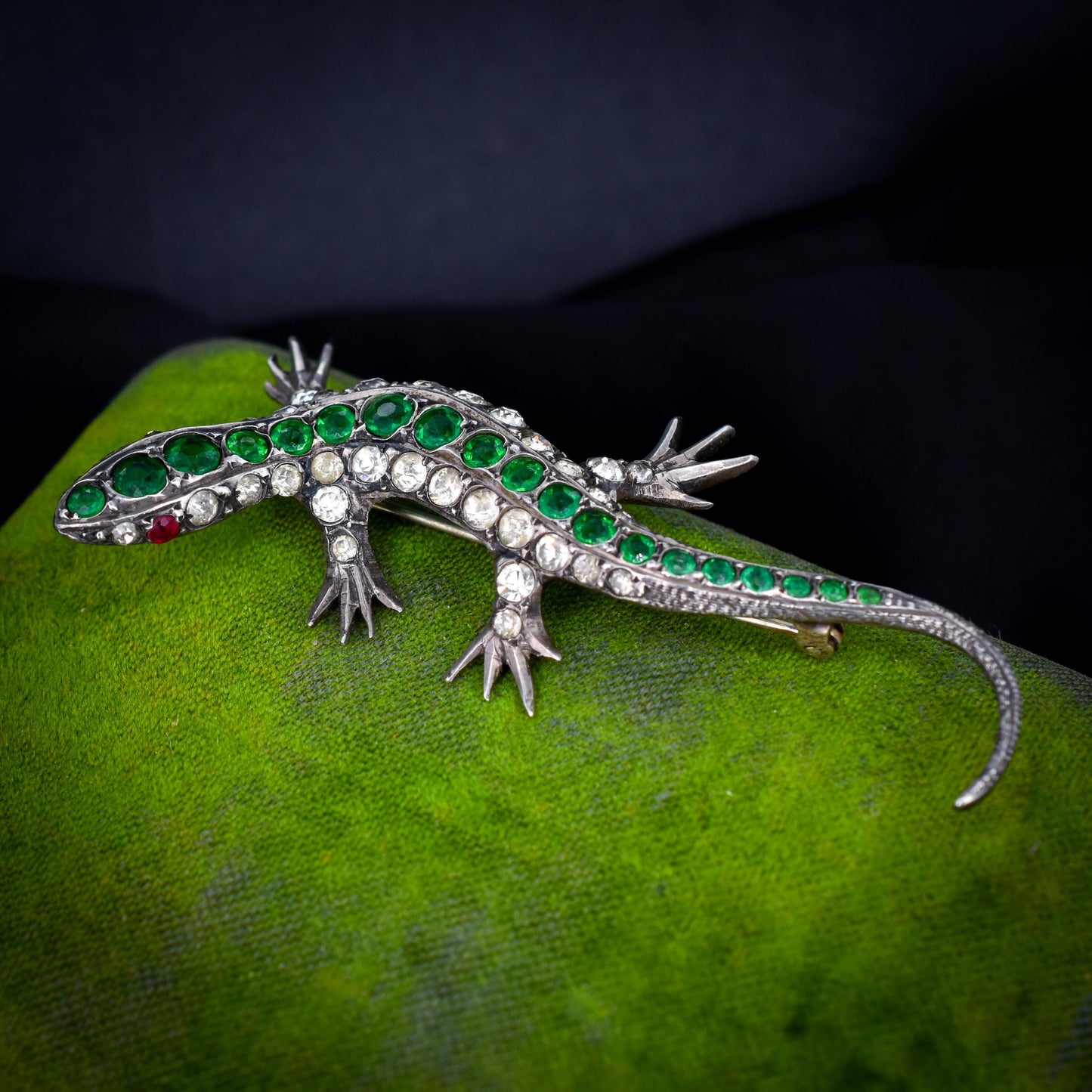 Antique Green Paste Silver Lizard Brooch | Victorian