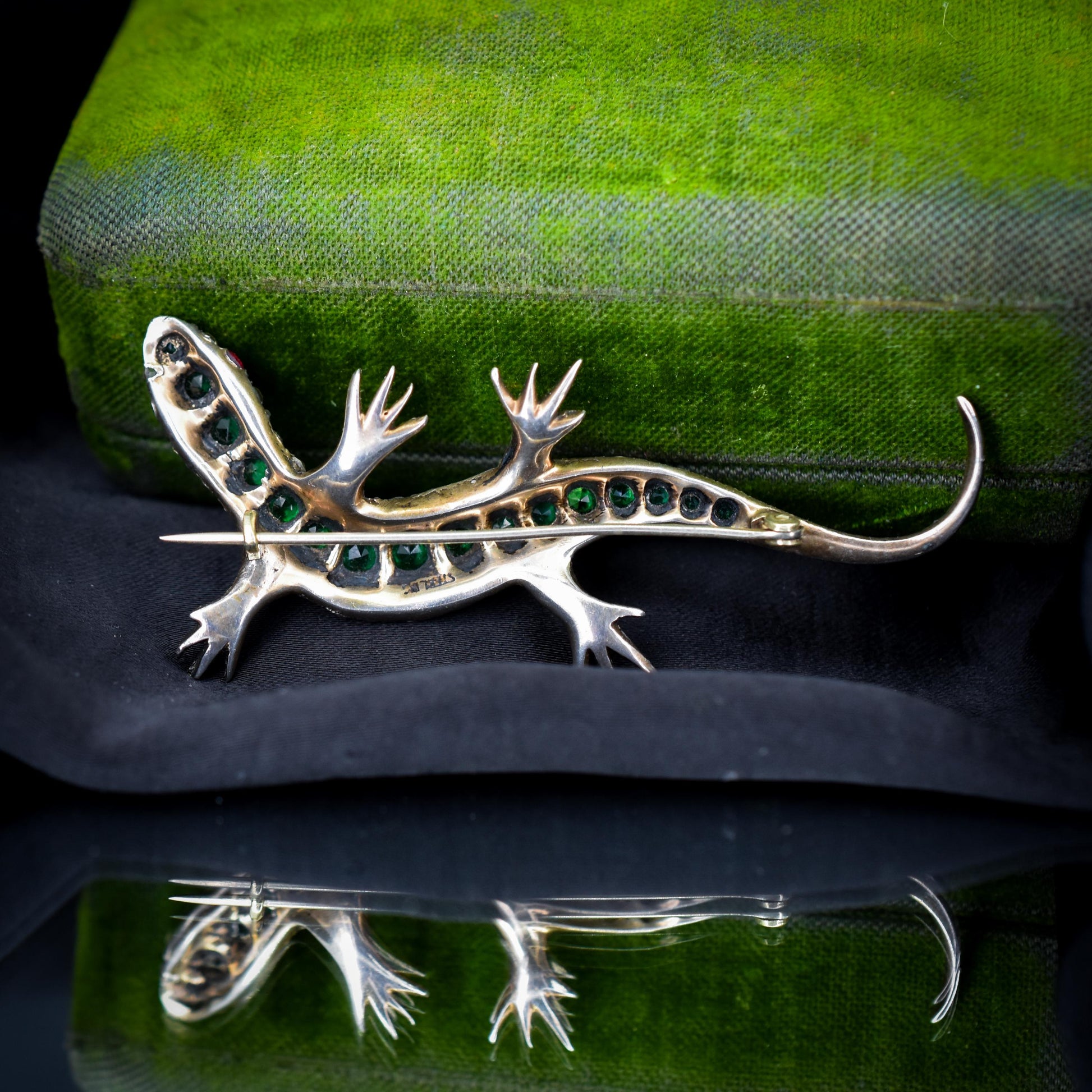 Antique Green Paste Silver Lizard Brooch | Victorian