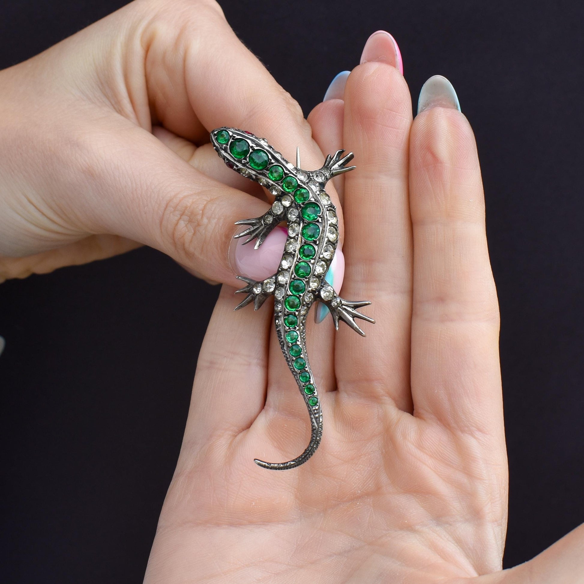 Antique Green Paste Silver Lizard Brooch | Victorian
