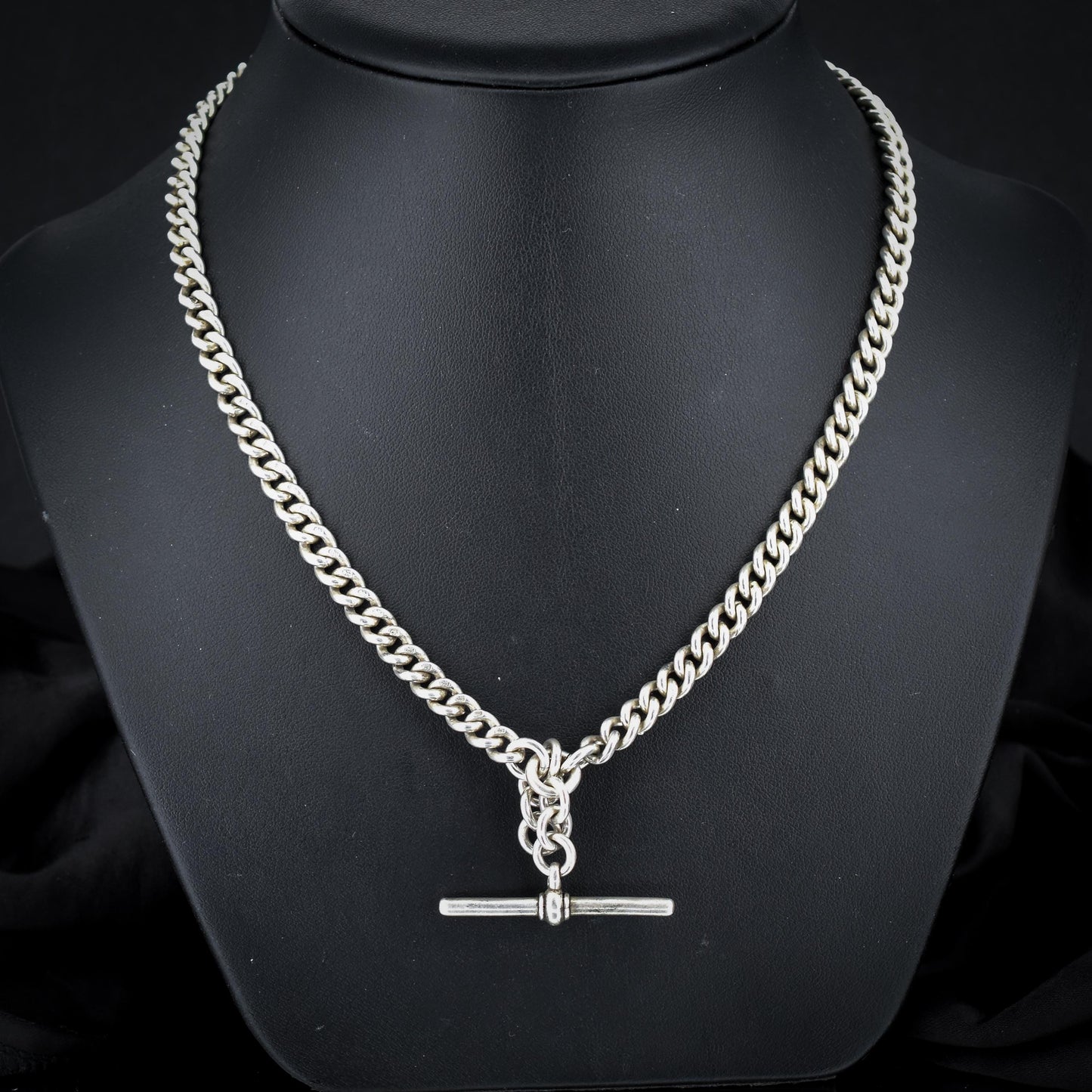 Antique Sterling Silver Curb Link Albert Watch Chain Necklace – 17.25"