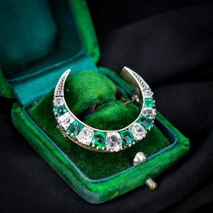 Antique Victorian Old Cut Green Paste Silver Crescent Moon Brooch Pin | Circa.1880