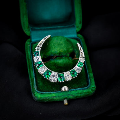 Antique Victorian Old Cut Green Paste Silver Crescent Moon Brooch Pin | Circa.1880