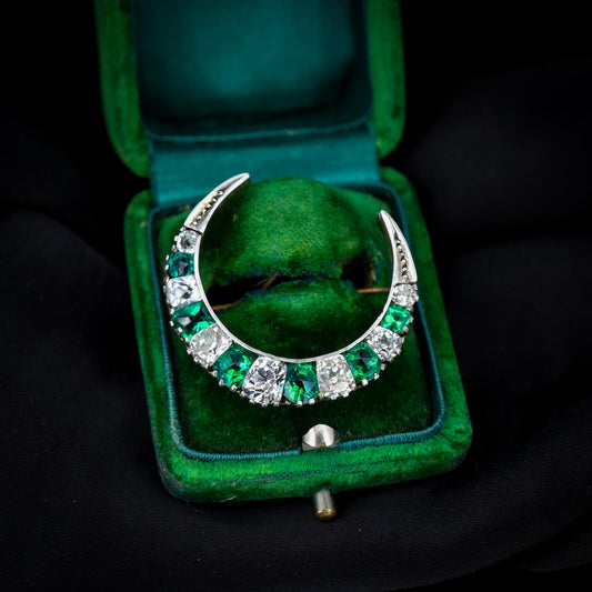 Antique Victorian Old Cut Green Paste Silver Crescent Moon Brooch Pin | Circa.1880