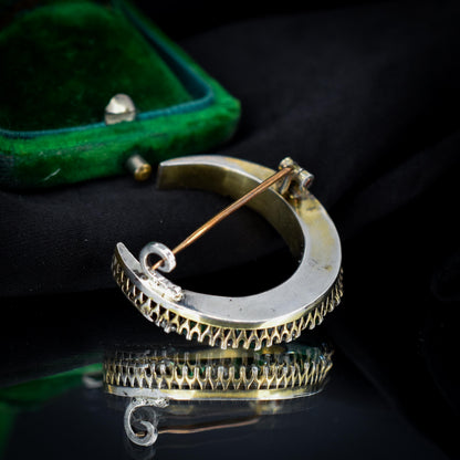 Antique Victorian Old Cut Green Paste Silver Crescent Moon Brooch Pin | Circa.1880
