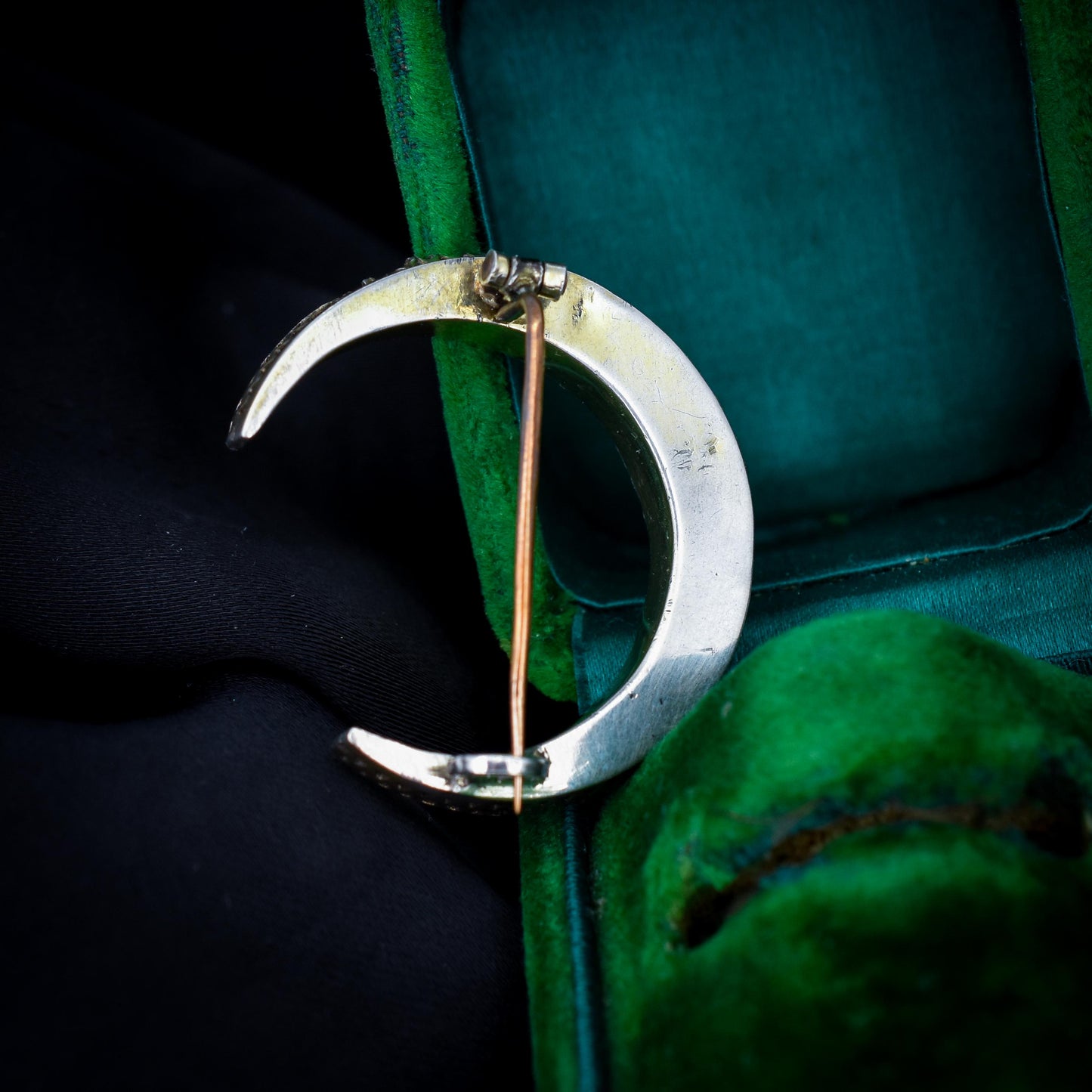 Antique Victorian Old Cut Green Paste Silver Crescent Moon Brooch Pin | Circa.1880