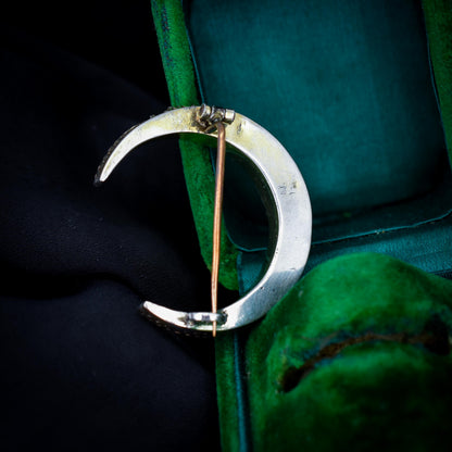 Antique Victorian Old Cut Green Paste Silver Crescent Moon Brooch Pin | Circa.1880