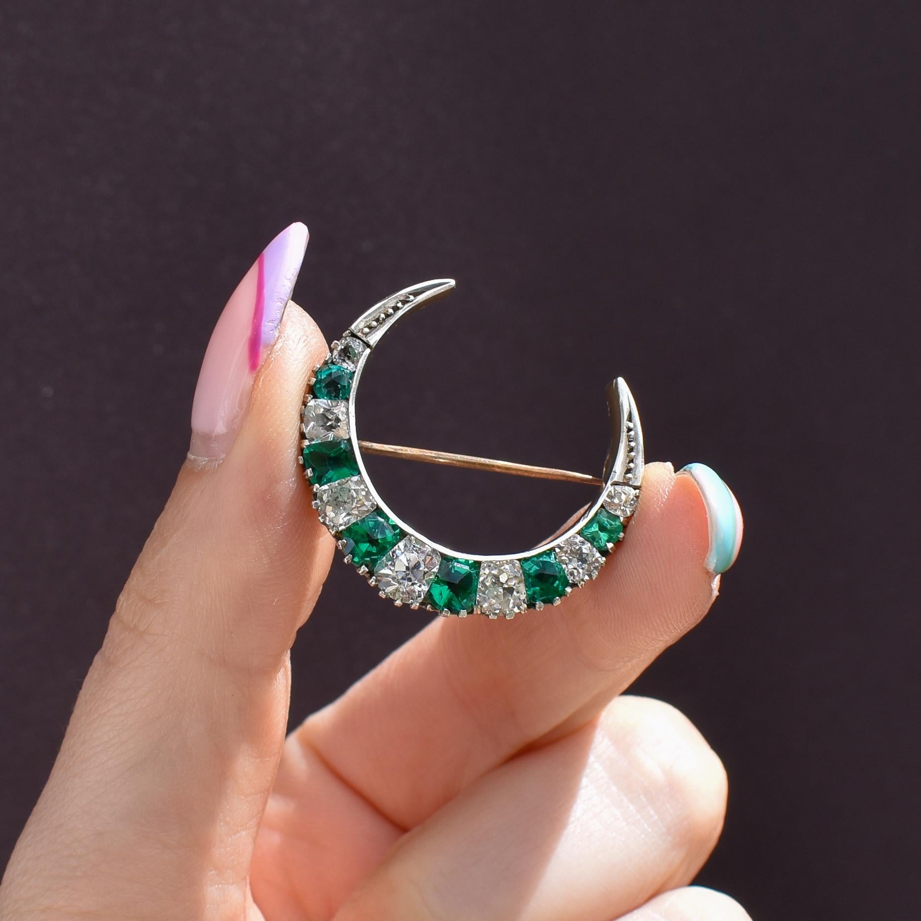 Antique Victorian Old Cut Green Paste Silver Crescent Moon Brooch Pin | Circa.1880