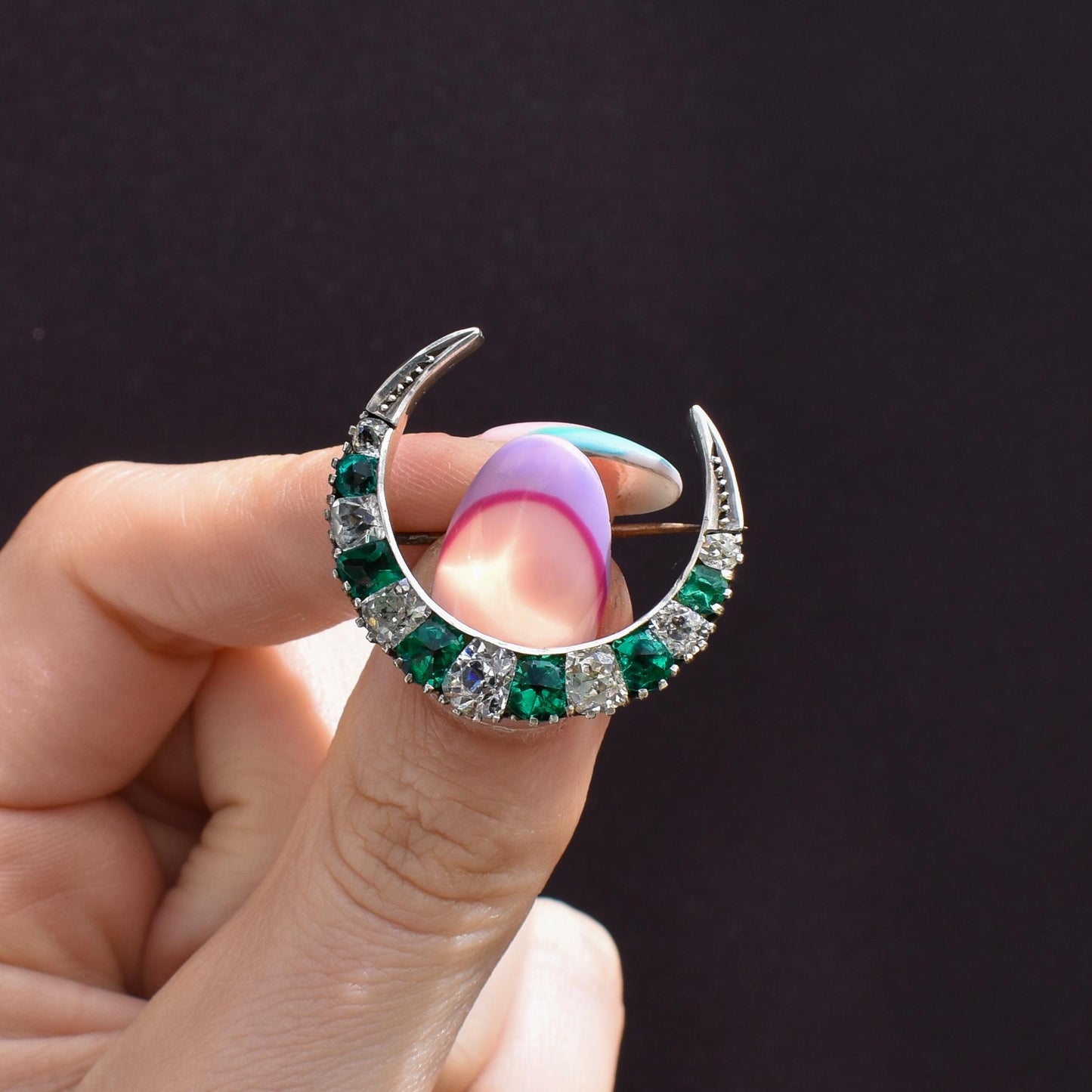 Antique Victorian Old Cut Green Paste Silver Crescent Moon Brooch Pin | Circa.1880