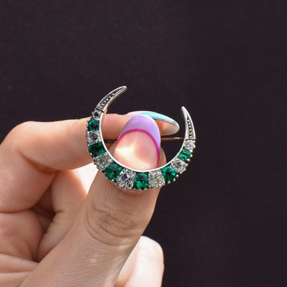Antique Victorian Old Cut Green Paste Silver Crescent Moon Brooch Pin | Circa.1880