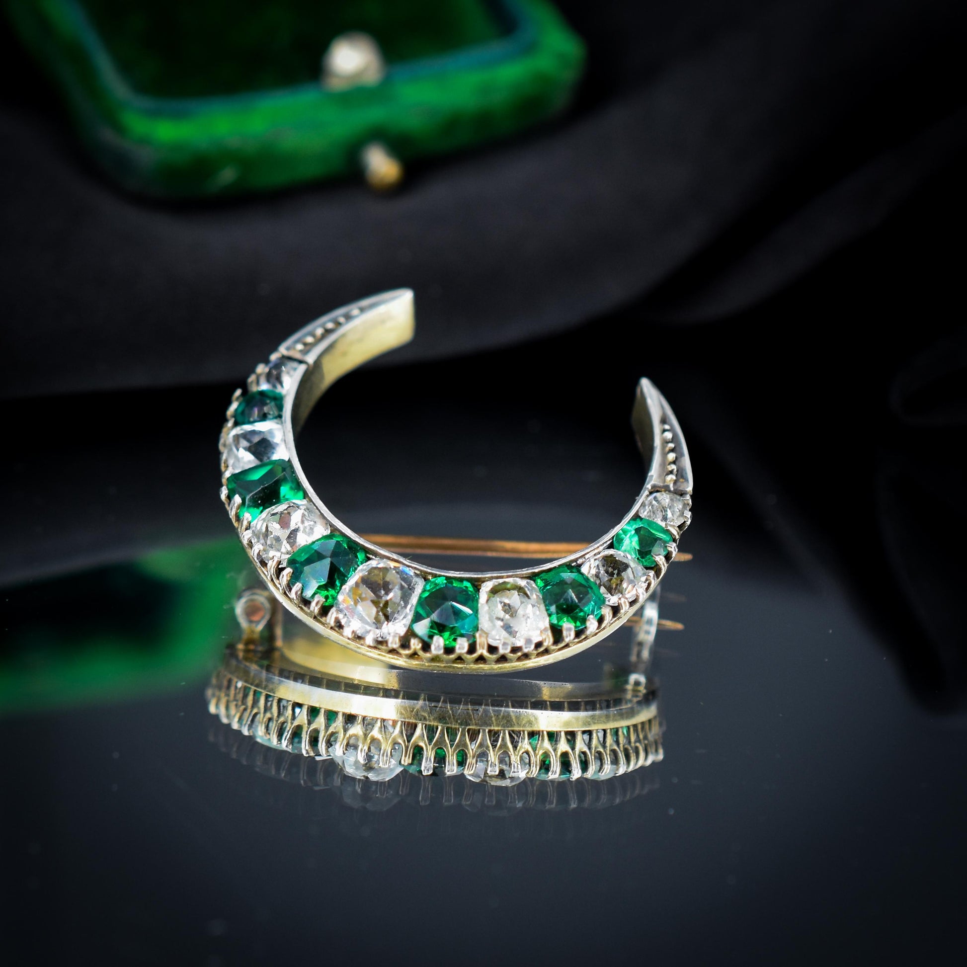 Antique Victorian Old Cut Green Paste Silver Crescent Moon Brooch Pin | Circa.1880
