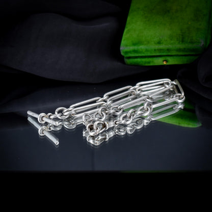 Art Deco Sterling Silver Trombone Watch Chain with Dog Clips and T Bar | 15.25"