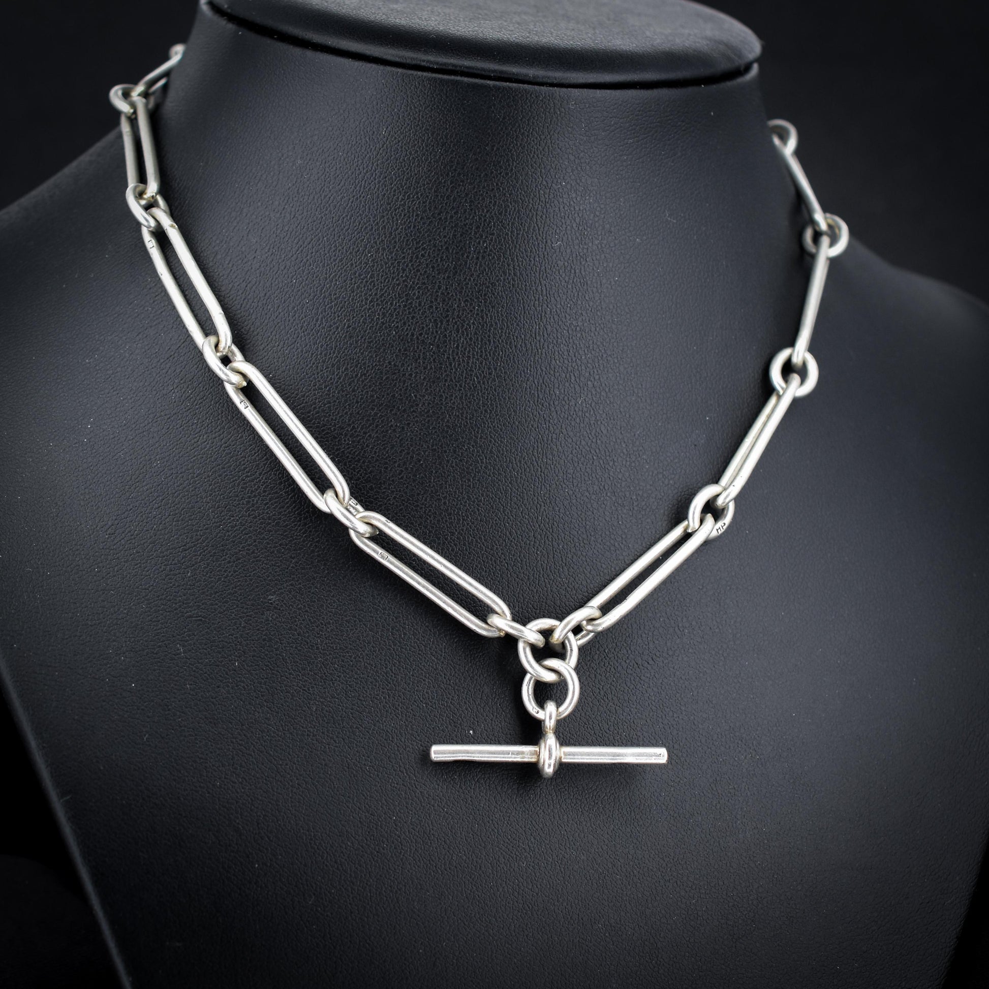 Art Deco Sterling Silver Trombone Watch Chain with Dog Clips and T Bar | 15.25"