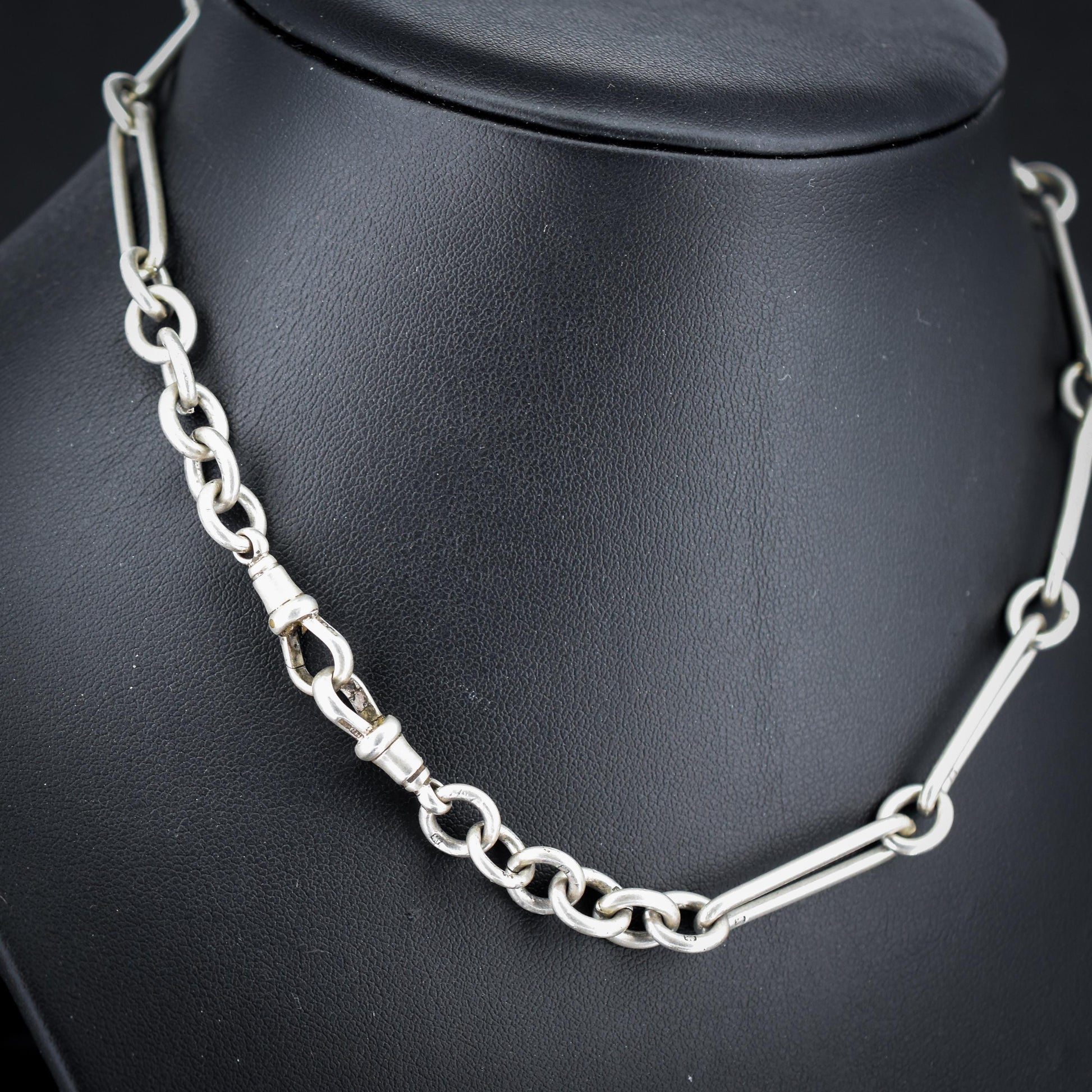 Art Deco Sterling Silver Trombone Watch Chain with Dog Clips and T Bar | 15.25"