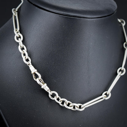 Art Deco Sterling Silver Trombone Watch Chain with Dog Clips and T Bar | 15.25"