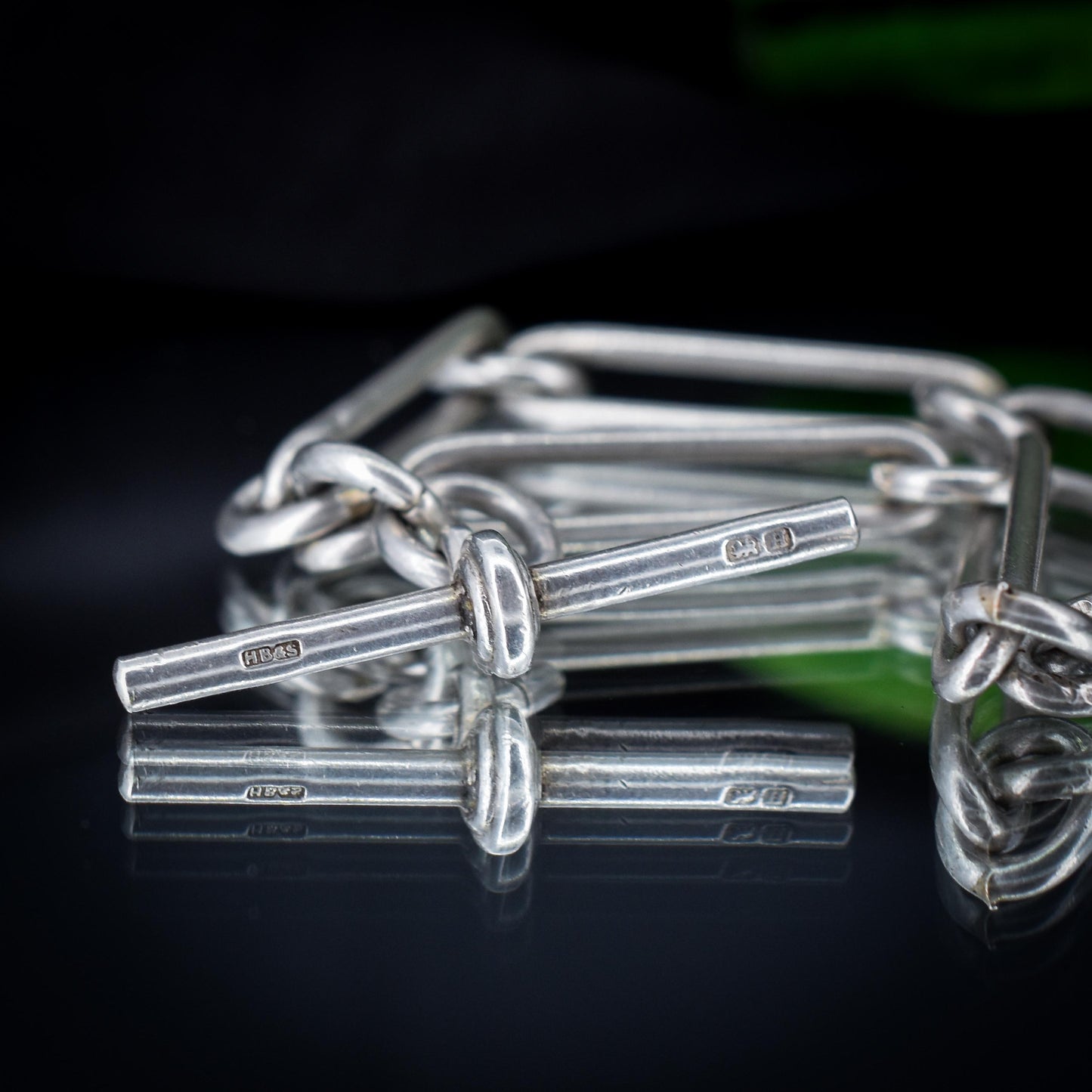 Art Deco Sterling Silver Trombone Watch Chain with Dog Clips and T Bar | 15.25"