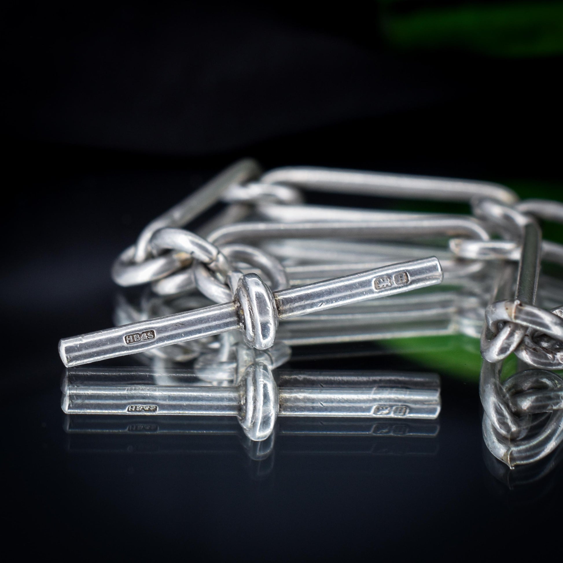 Art Deco Sterling Silver Trombone Watch Chain with Dog Clips and T Bar | 15.25"