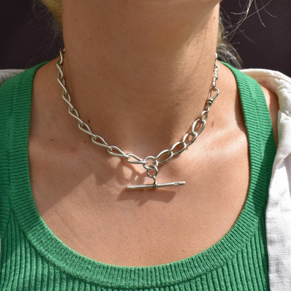 Antique 14.75" Sterling Silver Oval Link Albert Watch Chain Necklace with T-Bar and Dog Clips