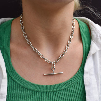 Vintage Sterling Silver Cable Link Watch Chain Necklace with T-Bar and Dog Clips – 16"