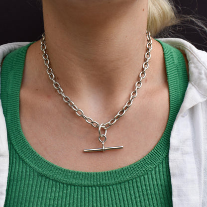 Vintage Sterling Silver Cable Link Watch Chain Necklace with T-Bar and Dog Clips – 16"