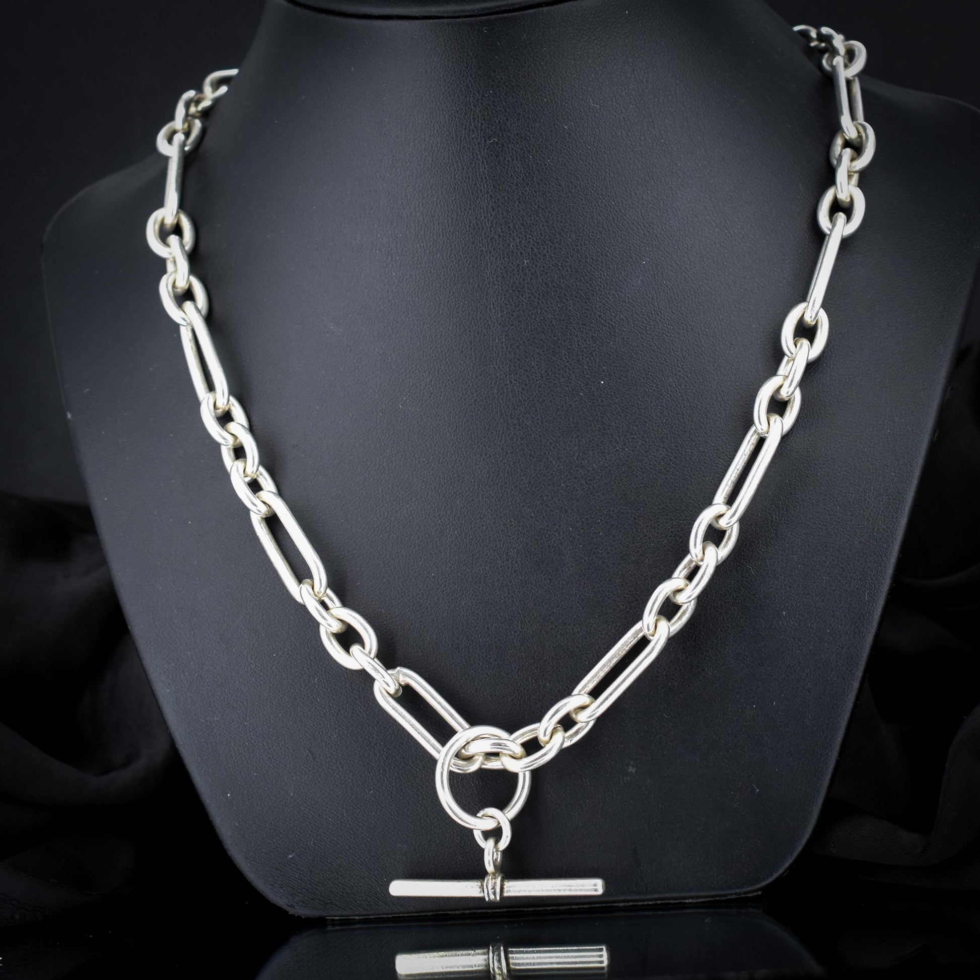 Vintage Sterling Silver Trombone Chain Necklace with Double Dog Clips and T-bar | 20"