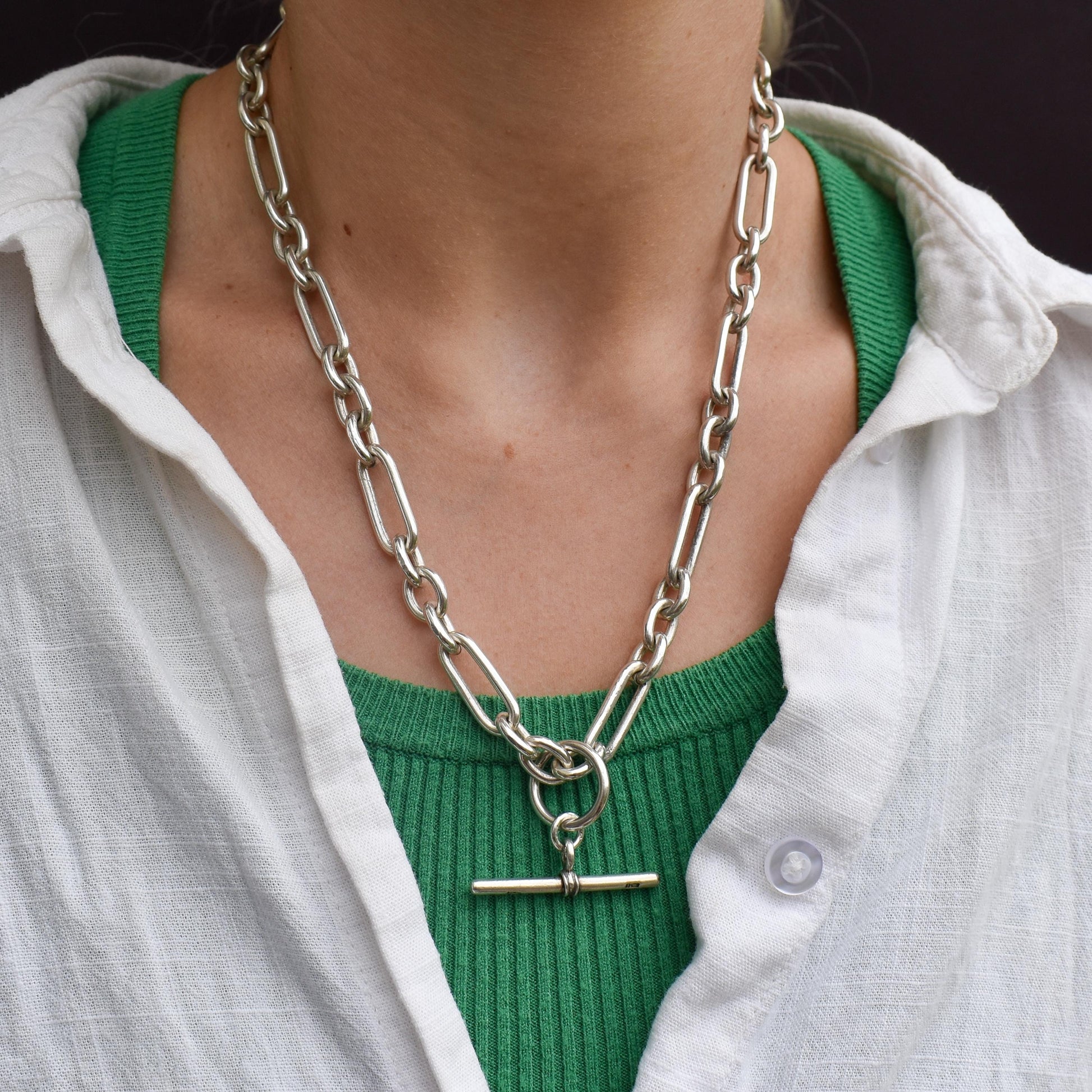 Vintage Sterling Silver Trombone Chain Necklace with Double Dog Clips and T-bar | 20"