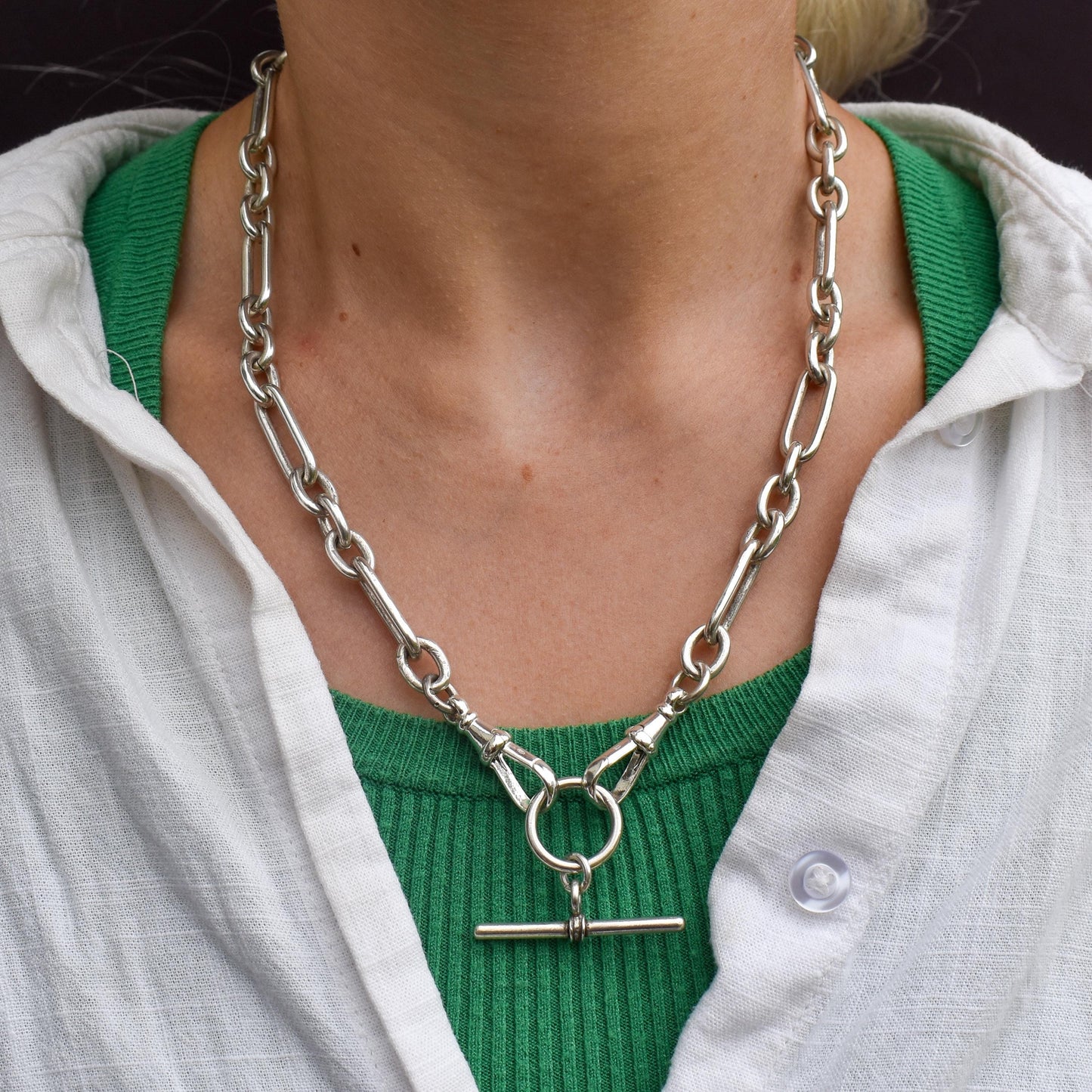 Vintage Sterling Silver Trombone Chain Necklace with Double Dog Clips and T-bar | 20"