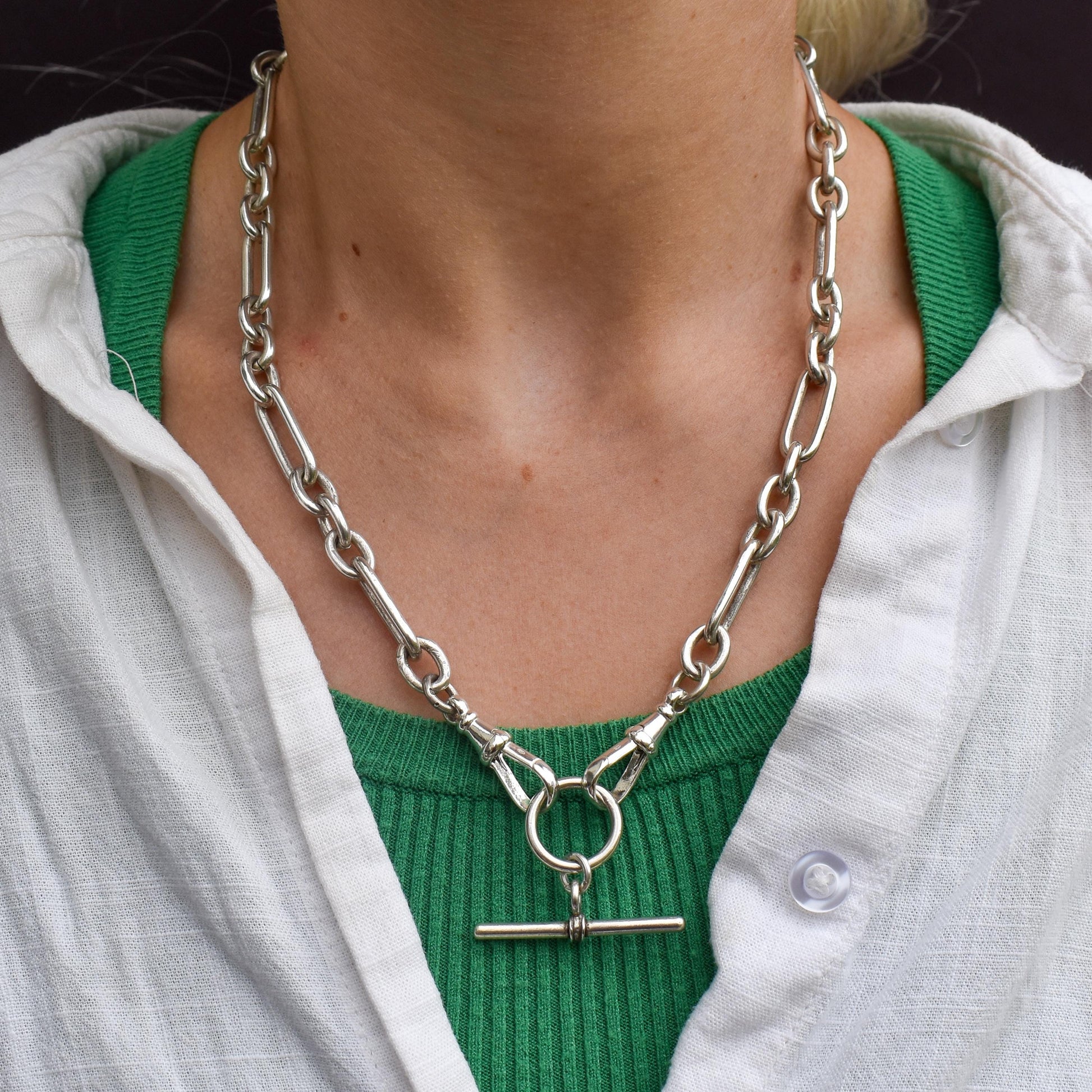 Vintage Sterling Silver Trombone Chain Necklace with Double Dog Clips and T-bar | 20"