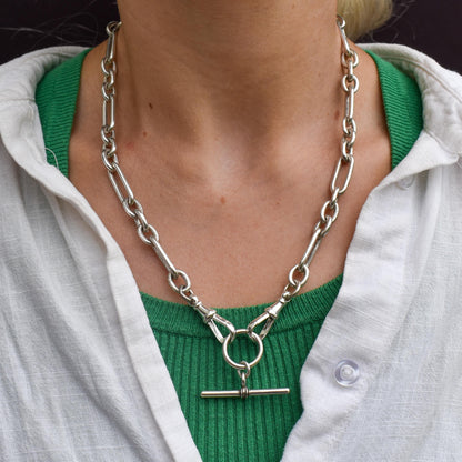 Vintage Sterling Silver Trombone Chain Necklace with Double Dog Clips and T-bar | 20"