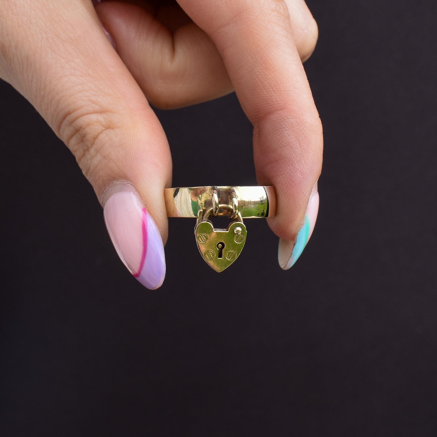 Antique Heart Padlock Drop 9ct Yellow Gold Band Ring | Birmingham 1913